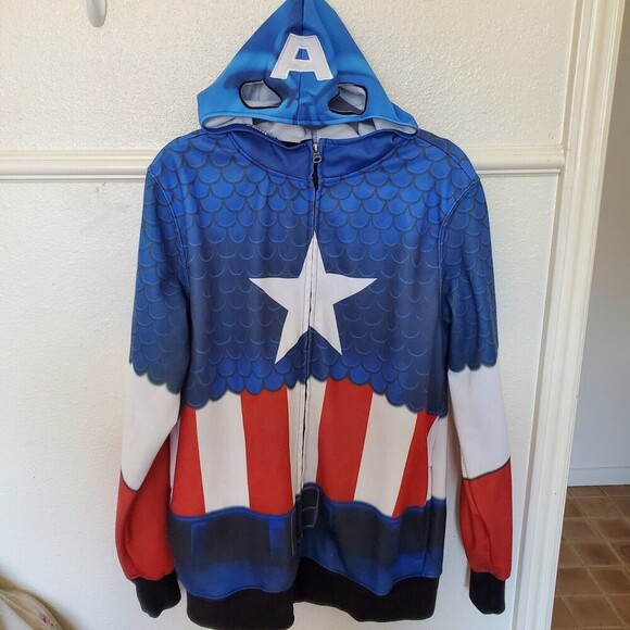 Captain America Men’s Jacket Red White Blue Full Zip Hoodie Mask Size L Costume - Picture 12 of 12
